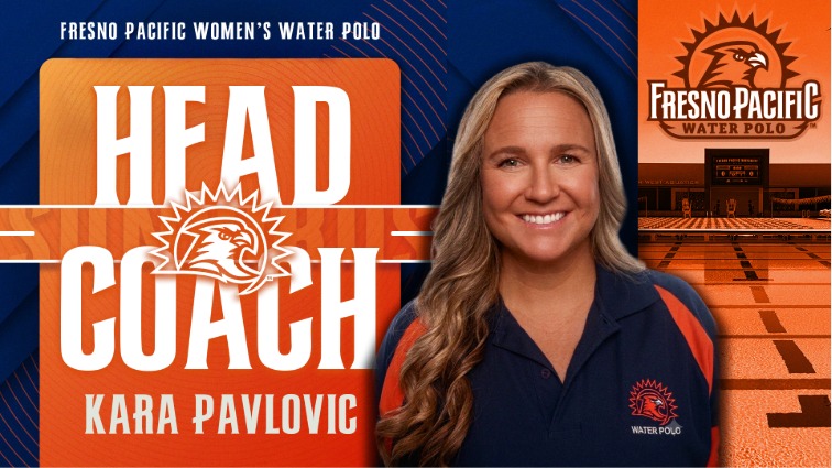 A sports announcement graphic for Fresno Pacific Women's Water Polo. On the left, large white text reads "HEAD COACH" with the Fresno Pacific Sunbird logo embedded in the letters, positioned above the name "KARA PAVLOVIC". This text sits on a dark blue and orange graphic background. On the right side is a smiling portrait of Pavlovic wearing a dark blue Fresno Pacific Water Polo polo shirt. The background behind her is an orange-tinted photo of an outdoor competition swimming pool with a scoreboard in the distance.